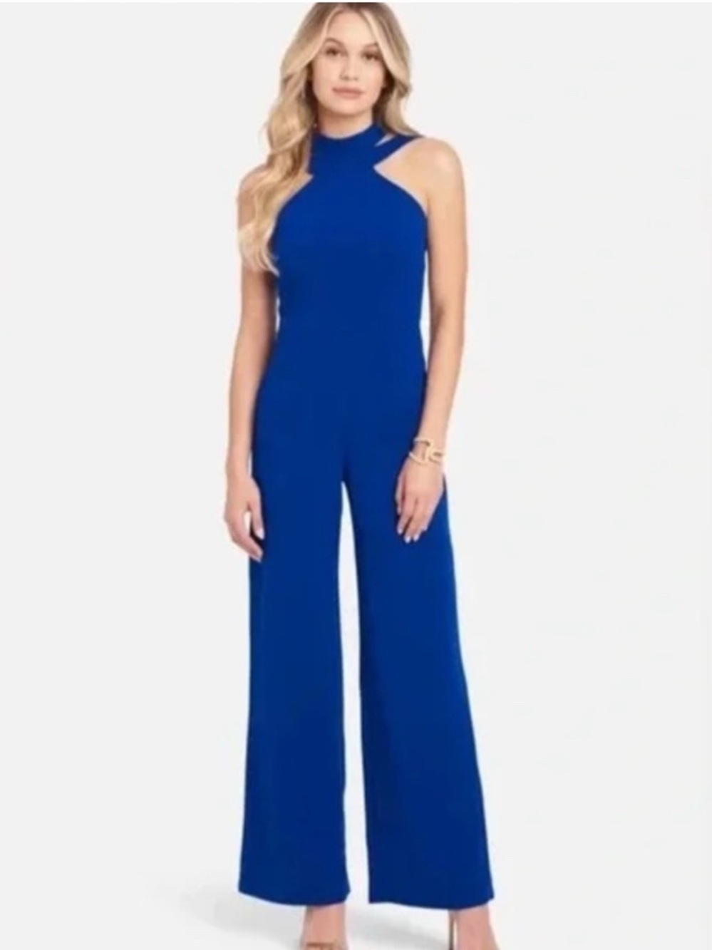 bebe Royal Blue Sleeveless Cutout Wide-Leg Jumpsuit